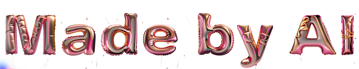 A computer-generated image spells the words Made by A I with pink mylar balloons