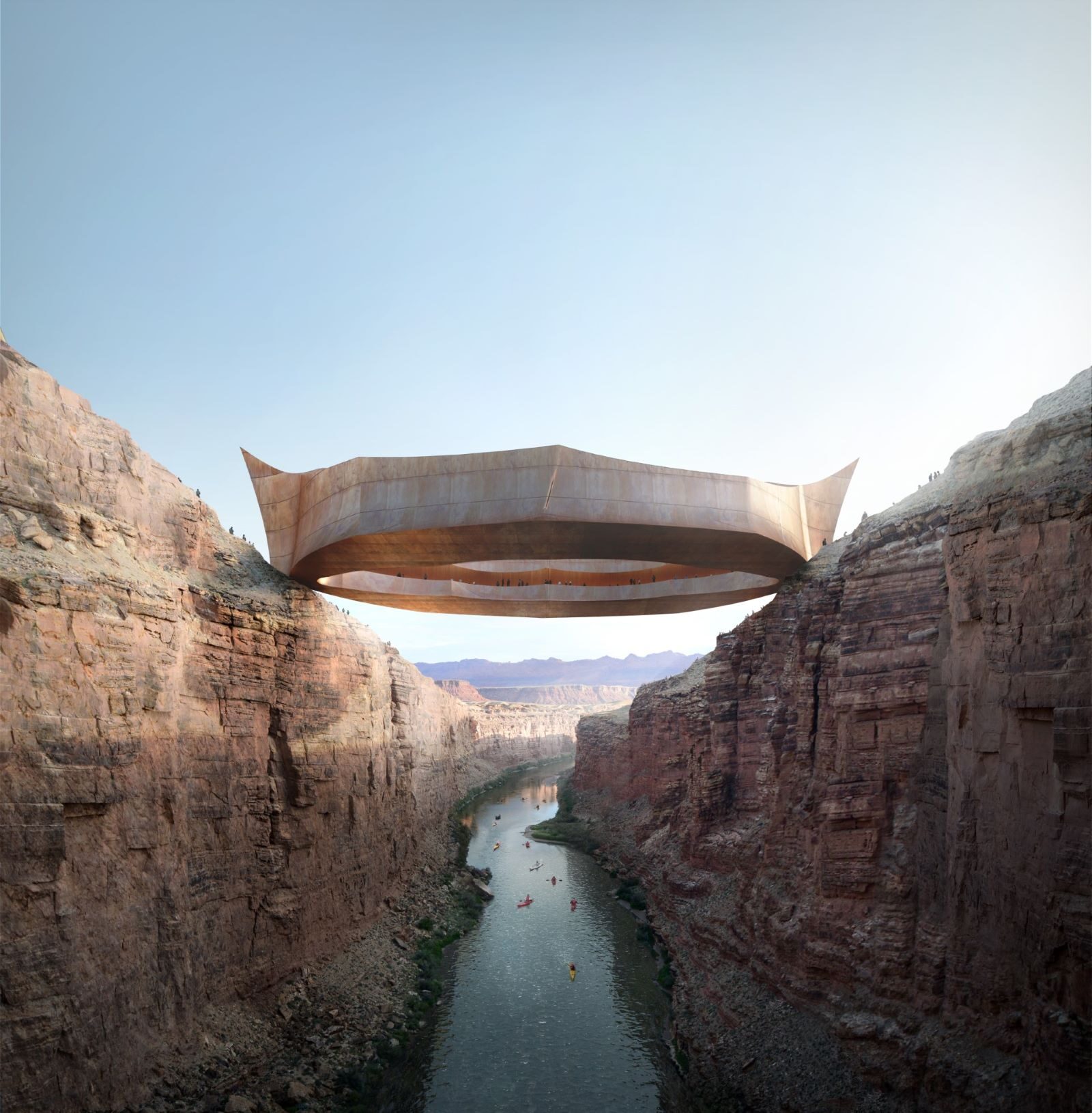 A circular structure spans across a wide river canyon.