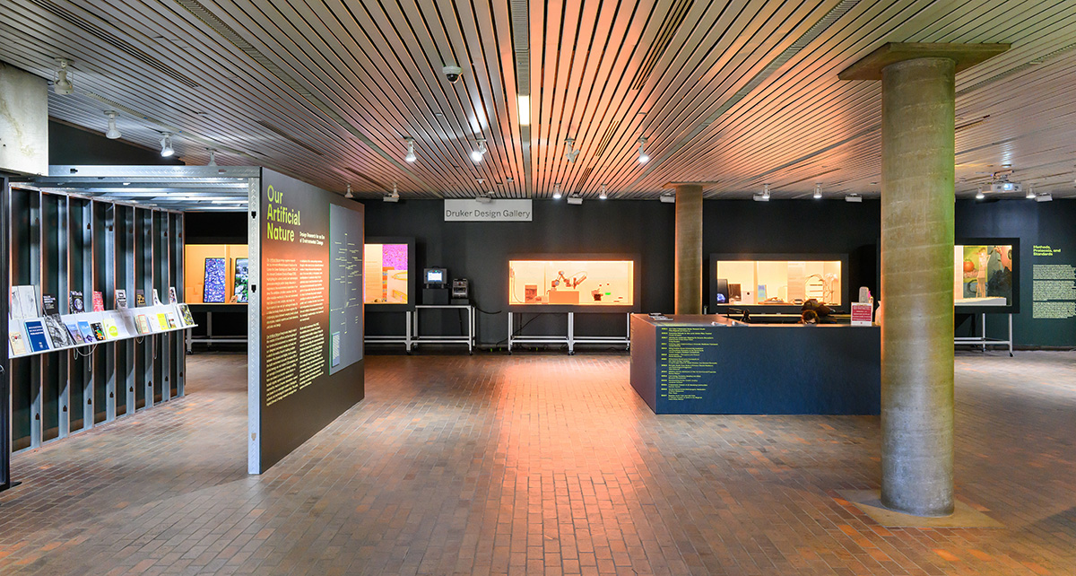 A view inside Druker Design Gallery of the exhibit as seen from the entrance.