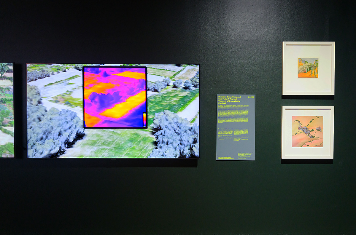 A detail of the exhibit showing a colorful video on a large LCD screen next to two framed drawings.