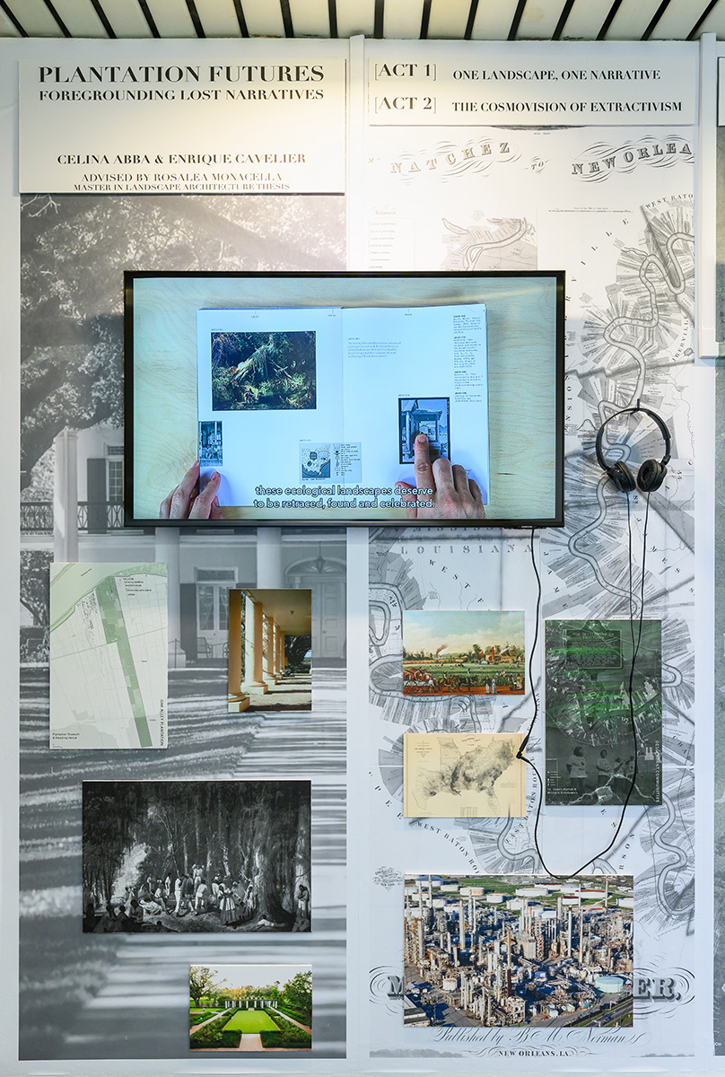 Detail of the exhibit showing images and a video of hands flipping through a book.