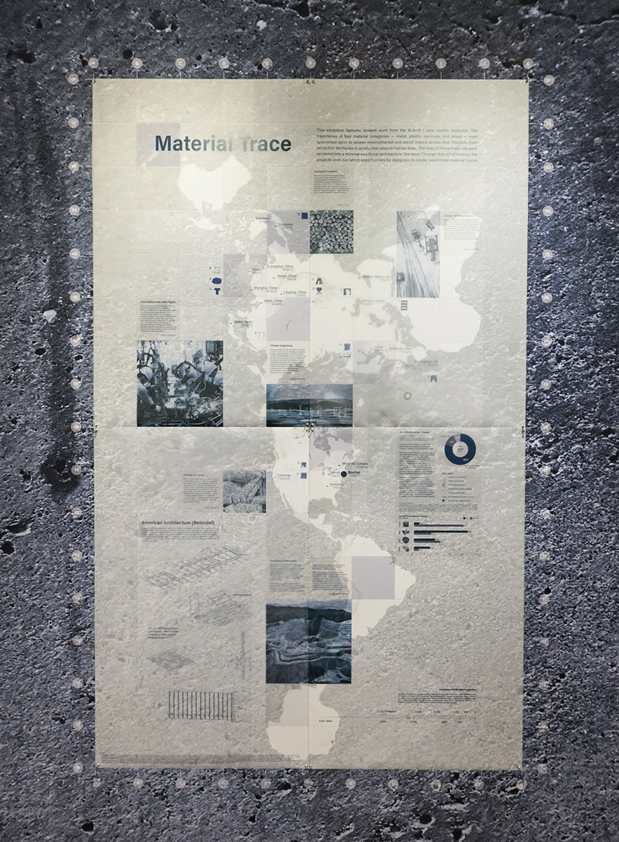 A wall display of text and images under the heading “Material Trace”