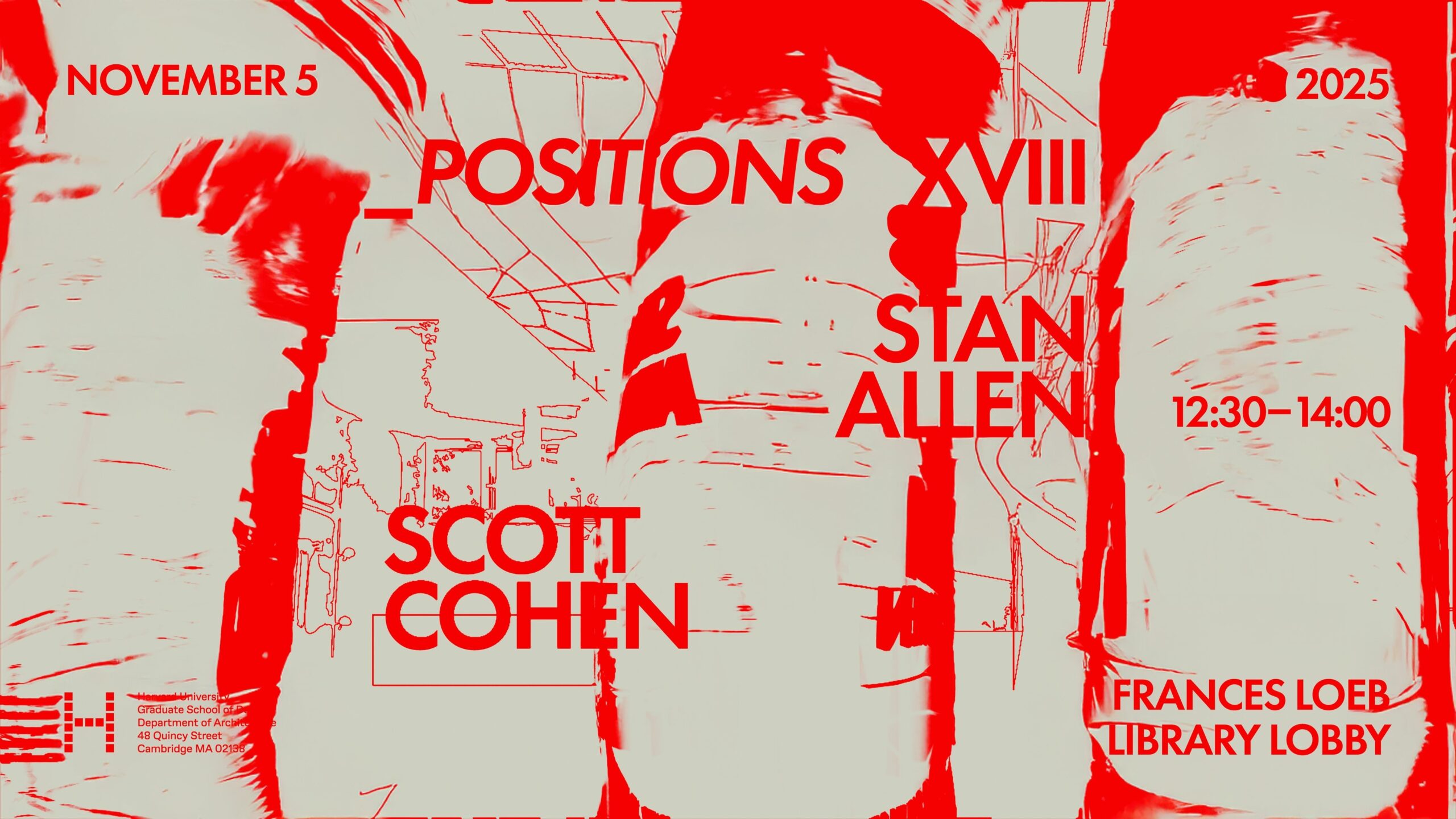 Poster showing abstract bright red mechanical design against grey backgroud. Reads "Stan Allen and Scott Cohen."