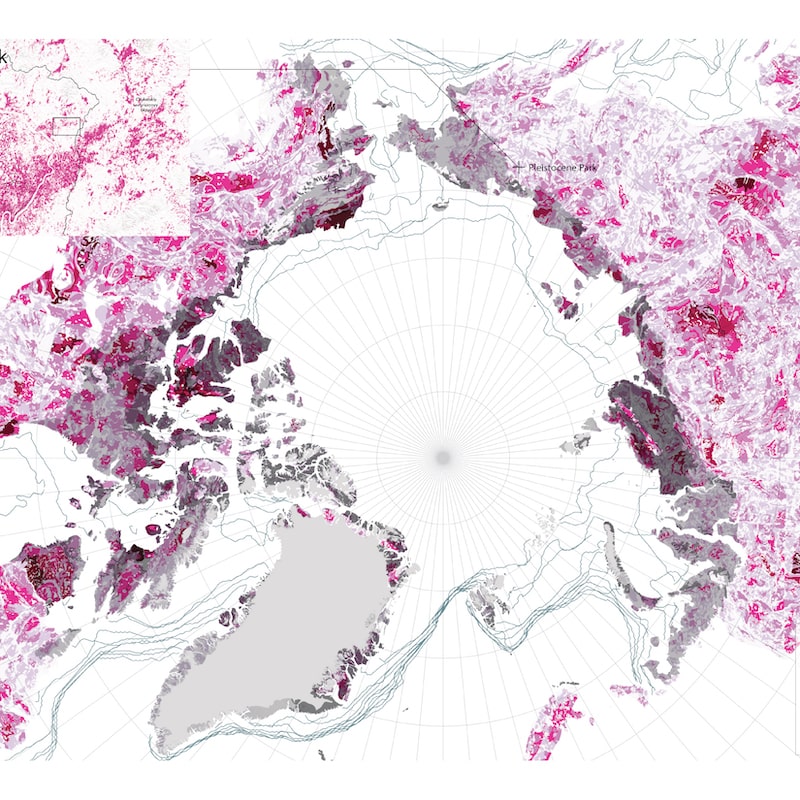 Map of the arctic with various shades of pink.