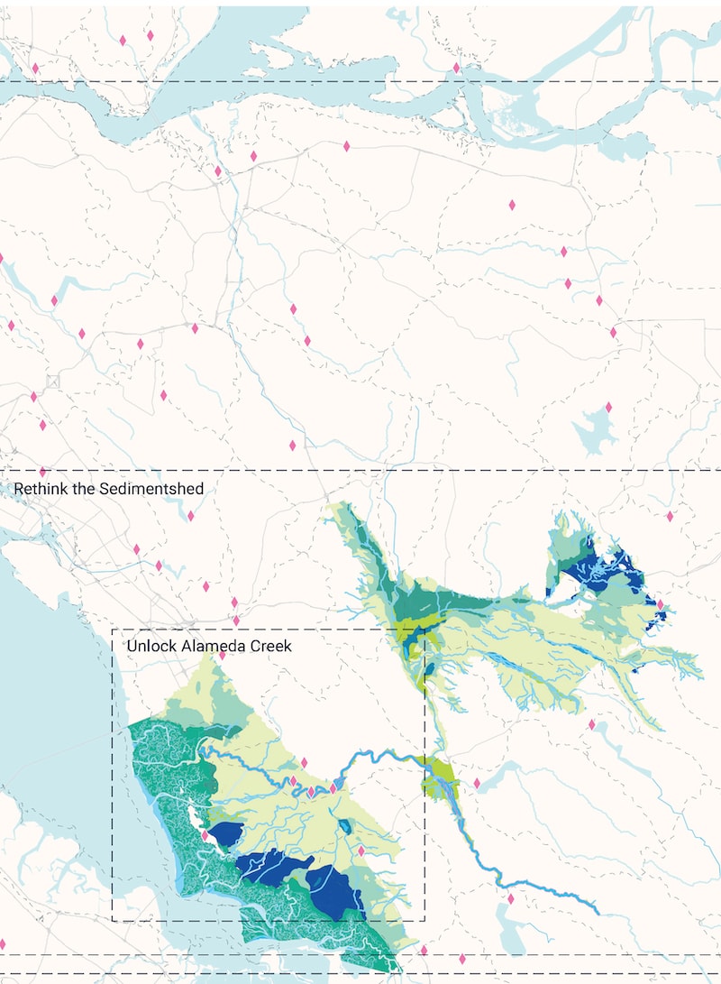 Elevation map with areas highlighted in green and blue.