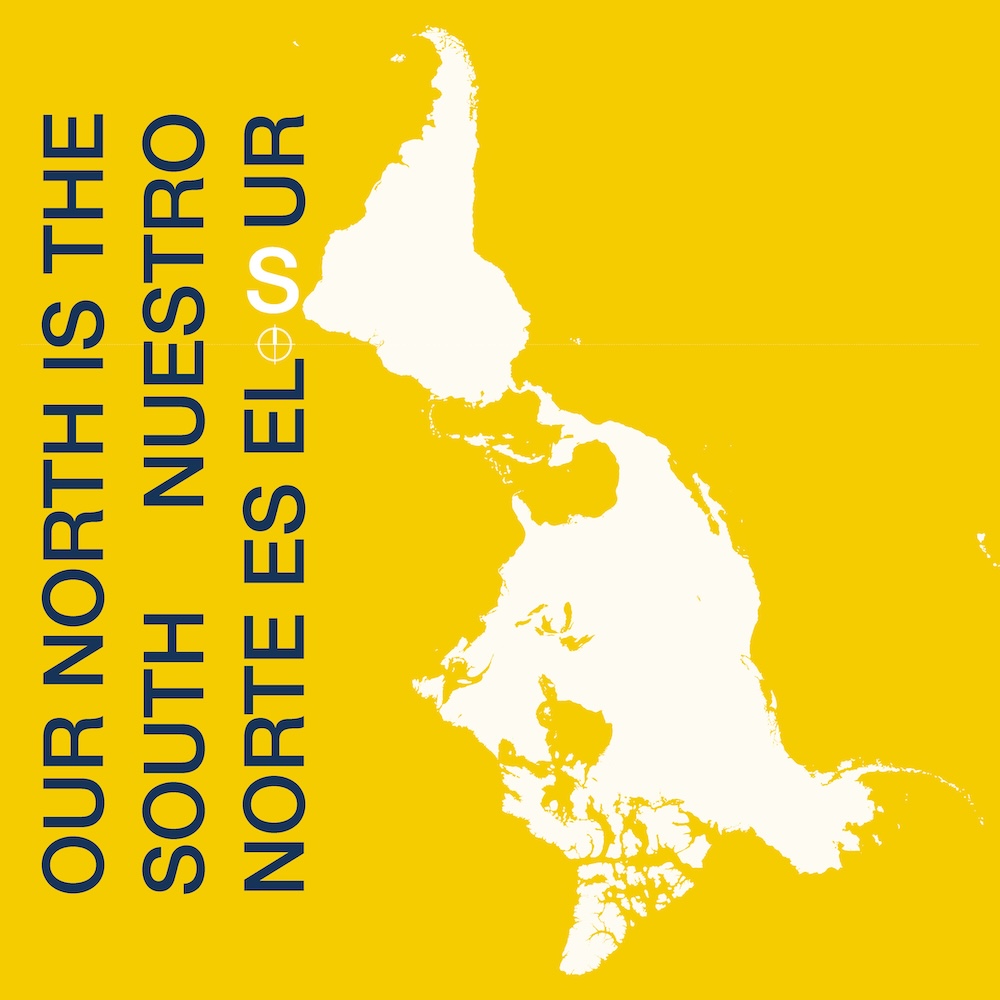Geography of north and south America in white over a bright yellow background
