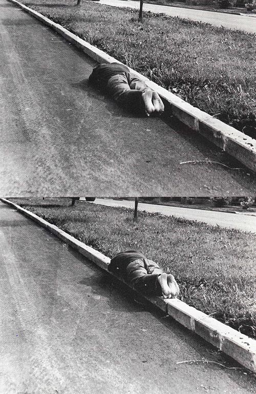 Two black-and-white photographs by artist Karel Miler from his Actions series. A figure lies face down on a street, and the same figure lies face down on a curb.