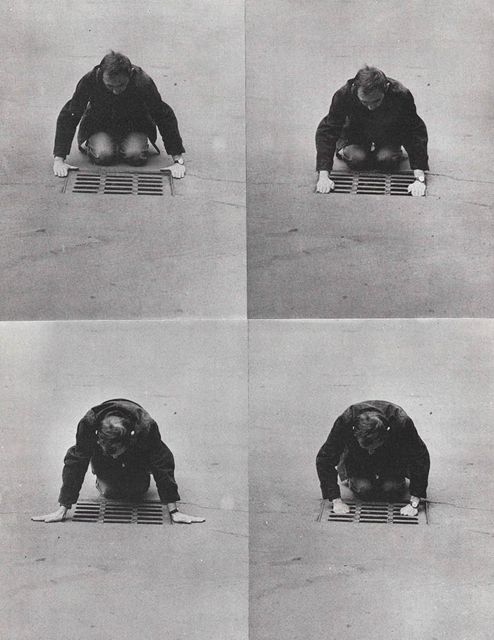A grid of black-and-white photographs by artist Karel Miler from his Actions series. A man kneels in front of a storm drain grate.