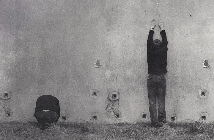 A pair of black-and-white photographs by artist Karel Miler from his Actions series. One depicts a figure crouching in front of a wall. The second depicts the figure stretching their arms upward against the wall.