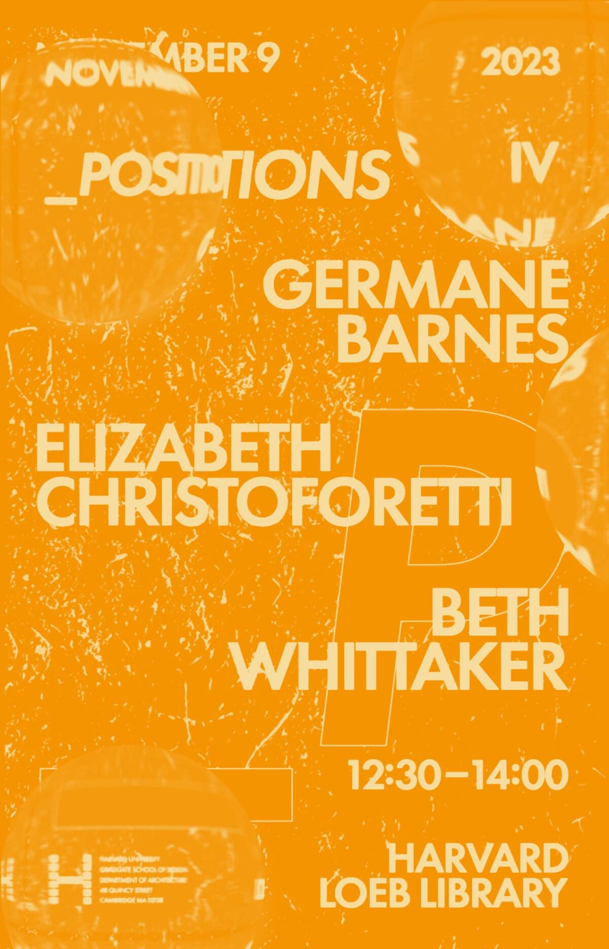 Poster for Positions event containing orange background with names of speakers.