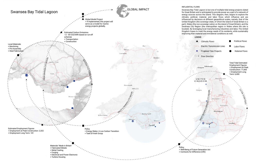 An annotated map showing the Swansea Bay tidal lagoon in relation to the United Kingdom and the rest of the world.