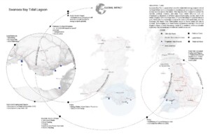An annotated map showing the Swansea Bay tidal lagoon in relation to the United Kingdom and the rest of the world.