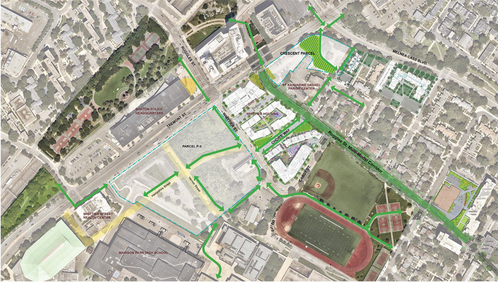 A site plan of the P3 parcel in Roxbury, Boston, showing existing and potential open spaces.