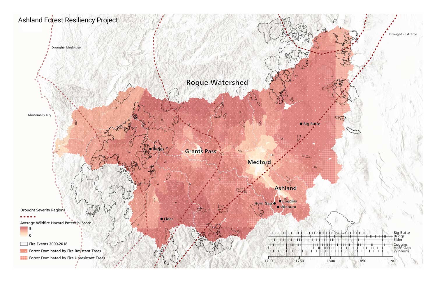 An annotated map of the Ashland, Oregon area showing regions with high Wildfire Hazard scores.