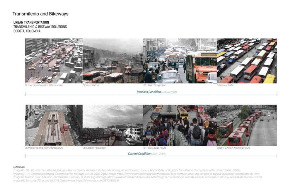 An annotated selection of photographs showing dense personal vehicle traffic and pollution prior to 2001 and more open streets with busses and pedestrians as well as reduced pollution.