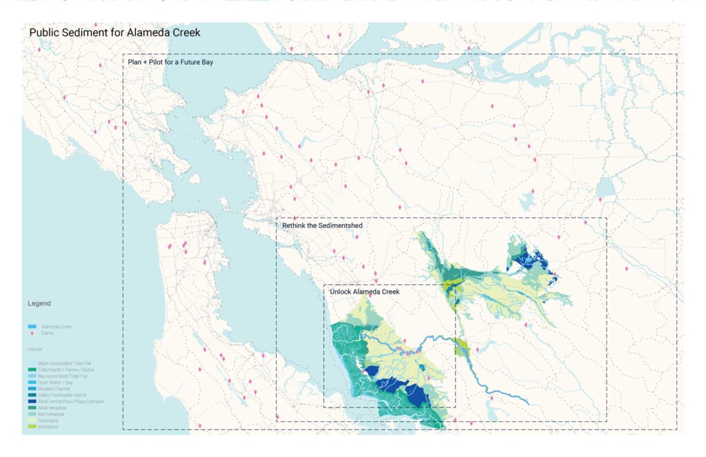 An annotated map of the San Francisco Bay area showing the drainage basic of Alameda Creek.