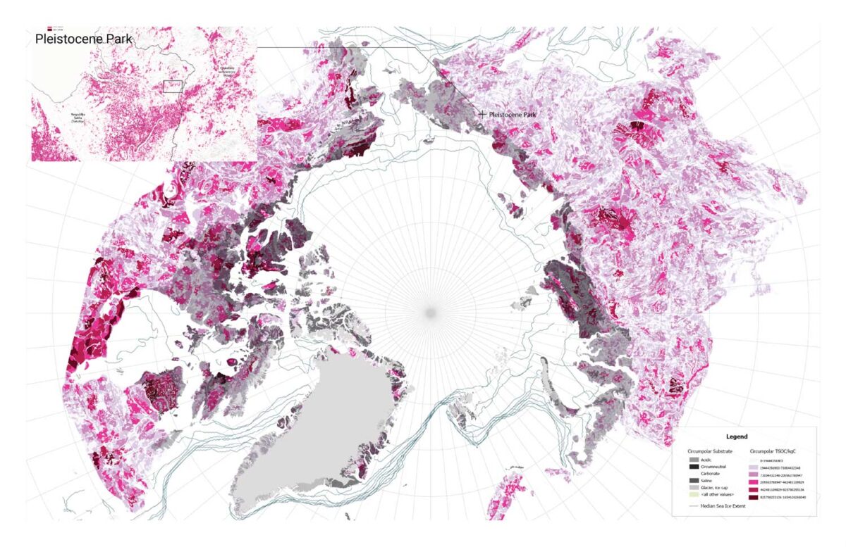 A map of the world viewed from the north pole with Russia's Pleistocene Park marked and geological features highlighted.