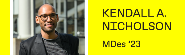 Kendall headshot with name and degree year on yellow background