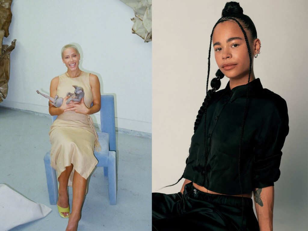 Photo of a female in a long dress sitting in a blue chair one the left and on the right a photo of a African female dressed in black