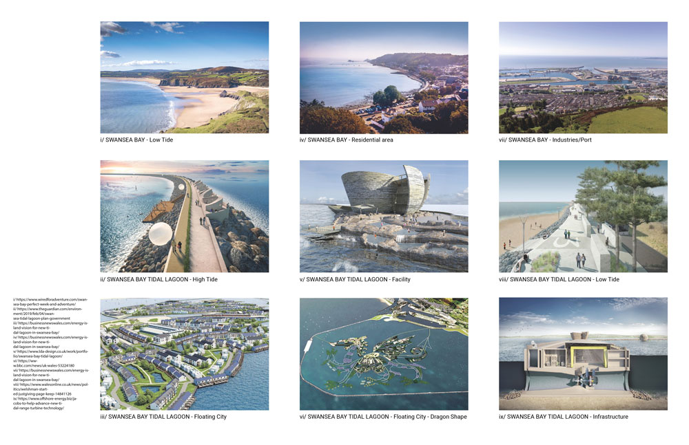 A collection of images showing different renderings of structures like houses and museums as well as public facilities like a promenade on the Swansea Bay.