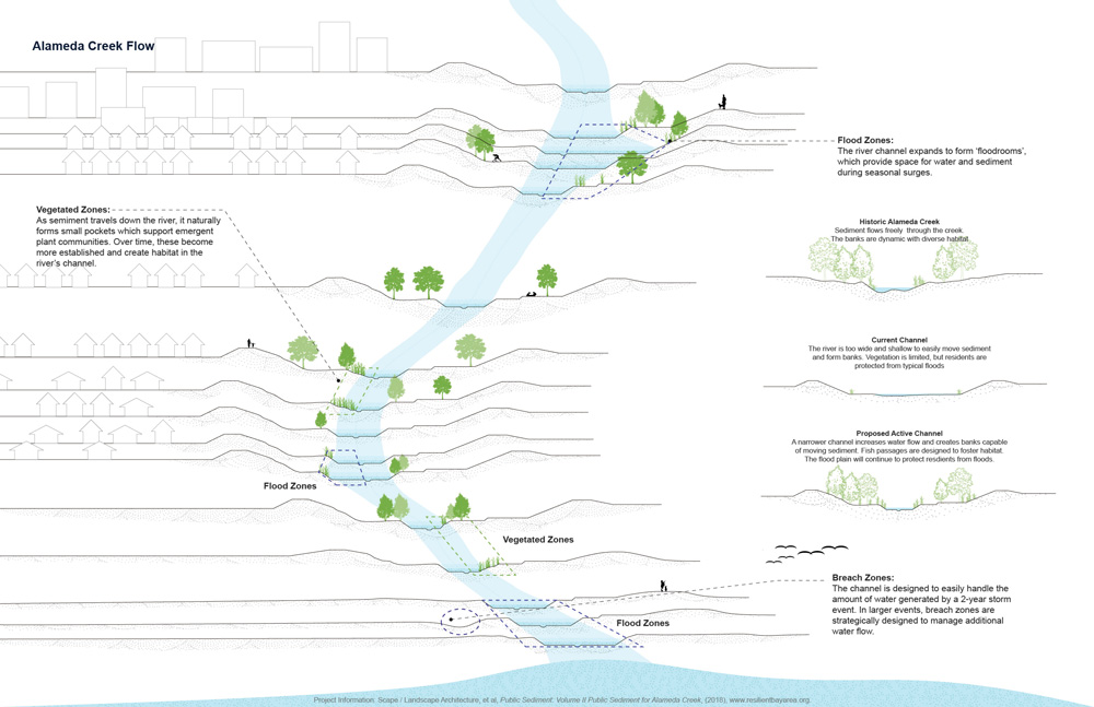 A diagram showing flood zones and vegetated zones on Alameda Creek.