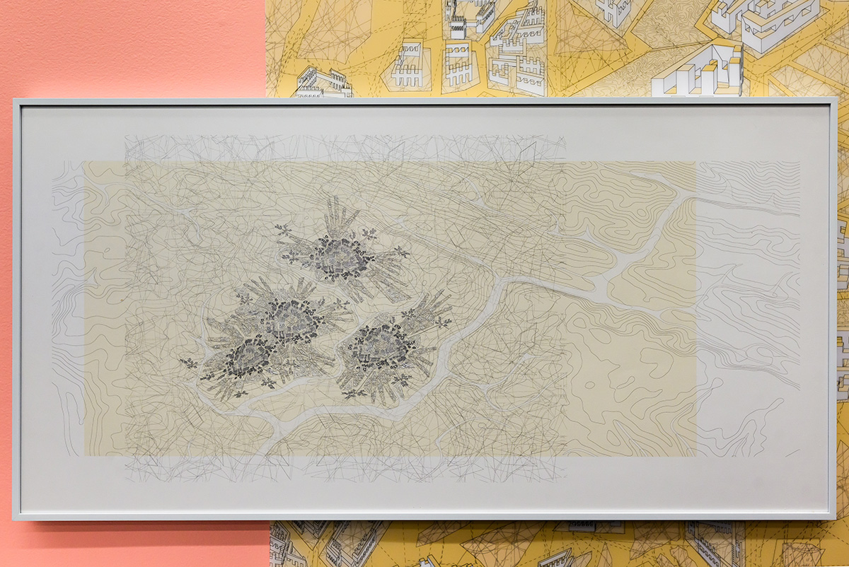 A framed topographic landscape drawing on a pink and yellow wall.