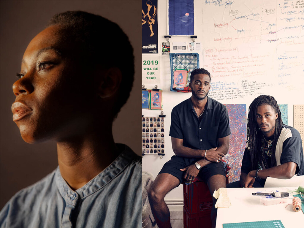 Headshot of African decent female on the left and two African decent males on the right.