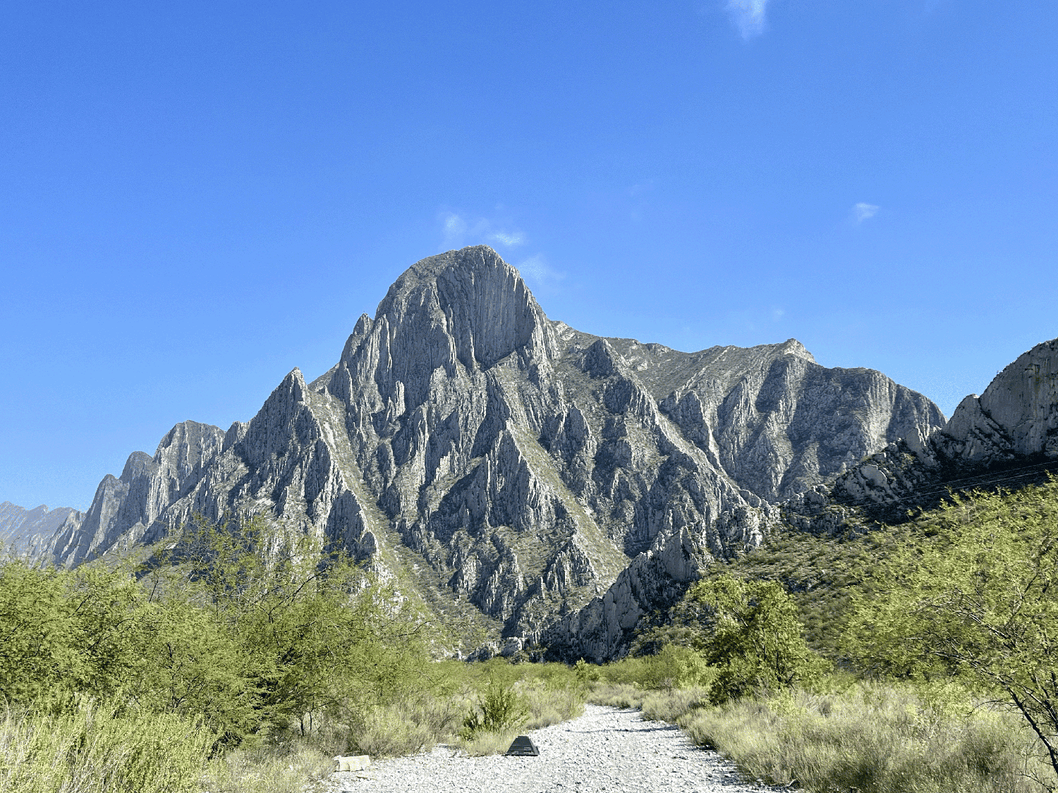 Mountains under a blue sky with green vegetation on the ground.