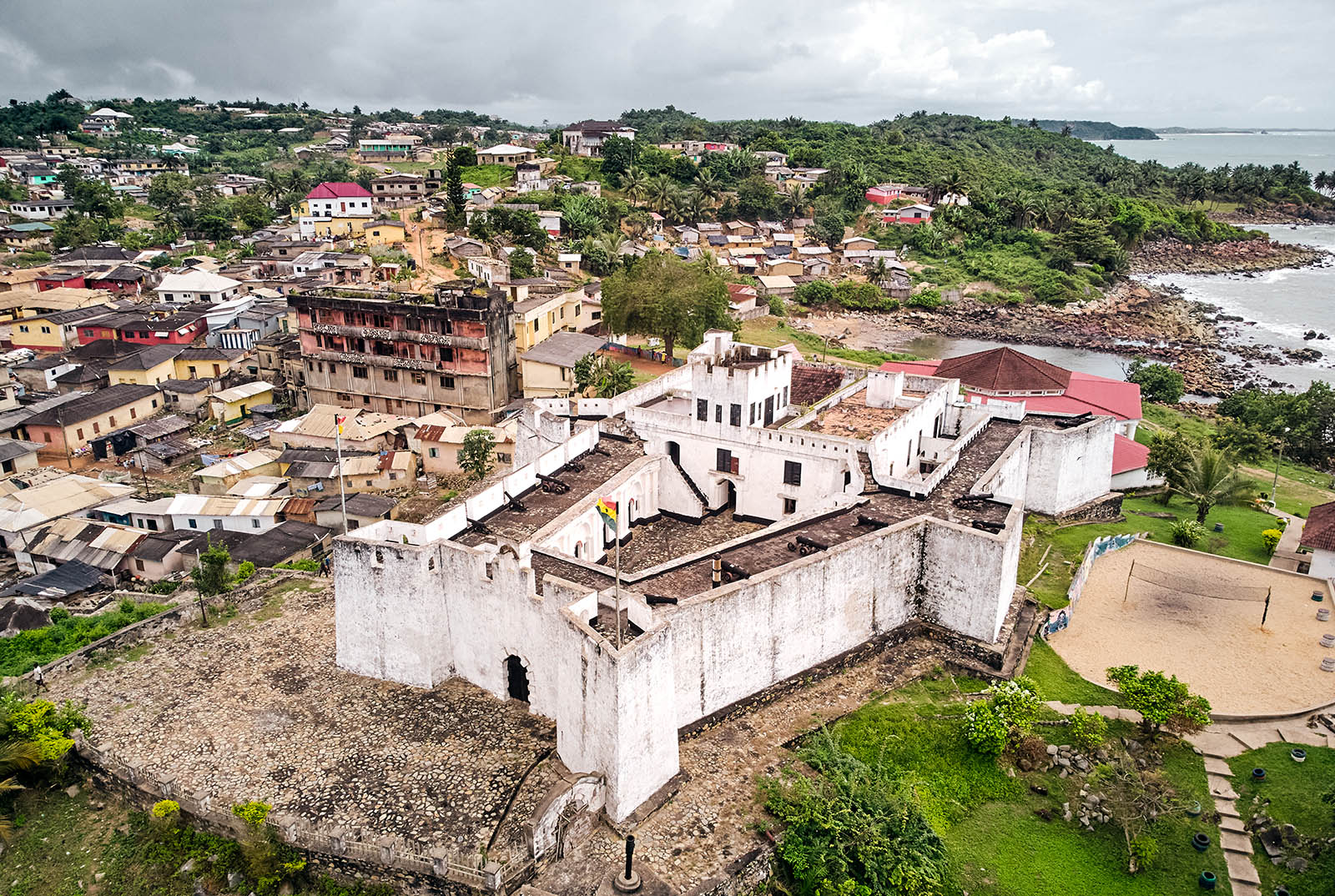 Aerial photo of a fort surrounded by rural houses