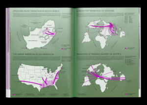 A spread from Migrant, a print magazine with annotated maps depicting global migration routes as well as migration routes within South Africa and the United States.