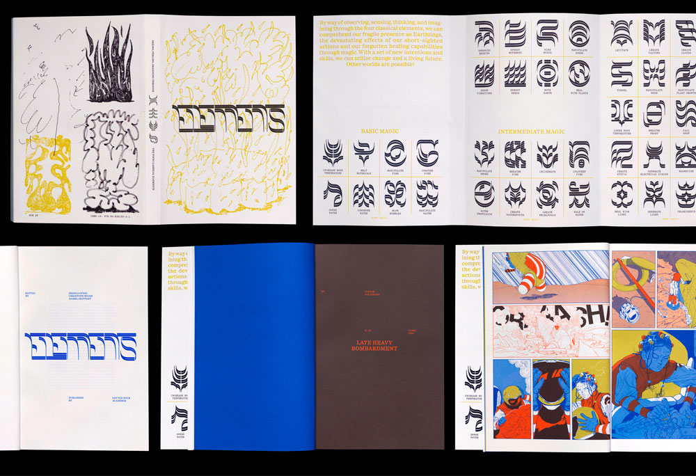 A photo of Elements, which comprises a group of printed materials adorned with bold patterns related to South Asian typographic script. One spread includes comic book-style graphics.