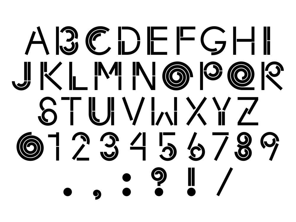 Black typography with letters A to Z and the numbers 0 to 9 as well as punctuation marks. This is the font created by Offshore for the Harvard Graduate School of Design.