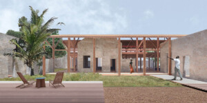 A rendering of a courtyard with open roof, palm tree on the left in the background and two beach chairs and a small table in the foreground; an African man on the right is point to the left while an African woman is looking in the direction of where the man is pointing.