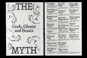 A photograph of a black-and-white printed page similar in size to a newspaper. Line drawings of animal feet with claws surround text reading: The Myth: Gods, Ghosts, and Beasts.