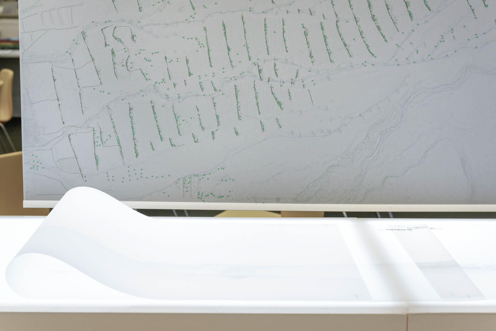 velum images over a table, and screens are just seen behind it