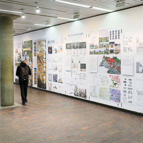 A view of the exhibit in Druker Design Gallery, showing a large variety of images displayed on the wall.
