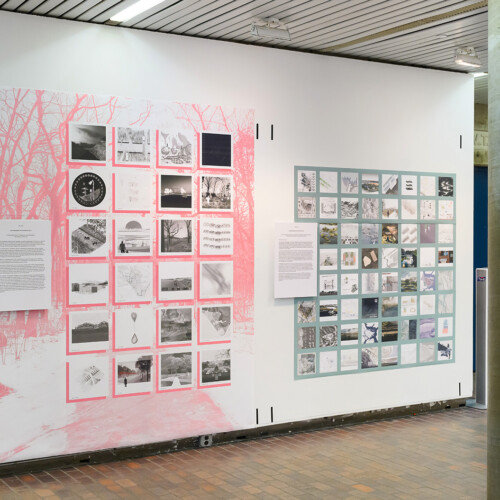 A detail of the exhibit in Druker Design Gallery, showing images displayed in a grid layout on a wall.