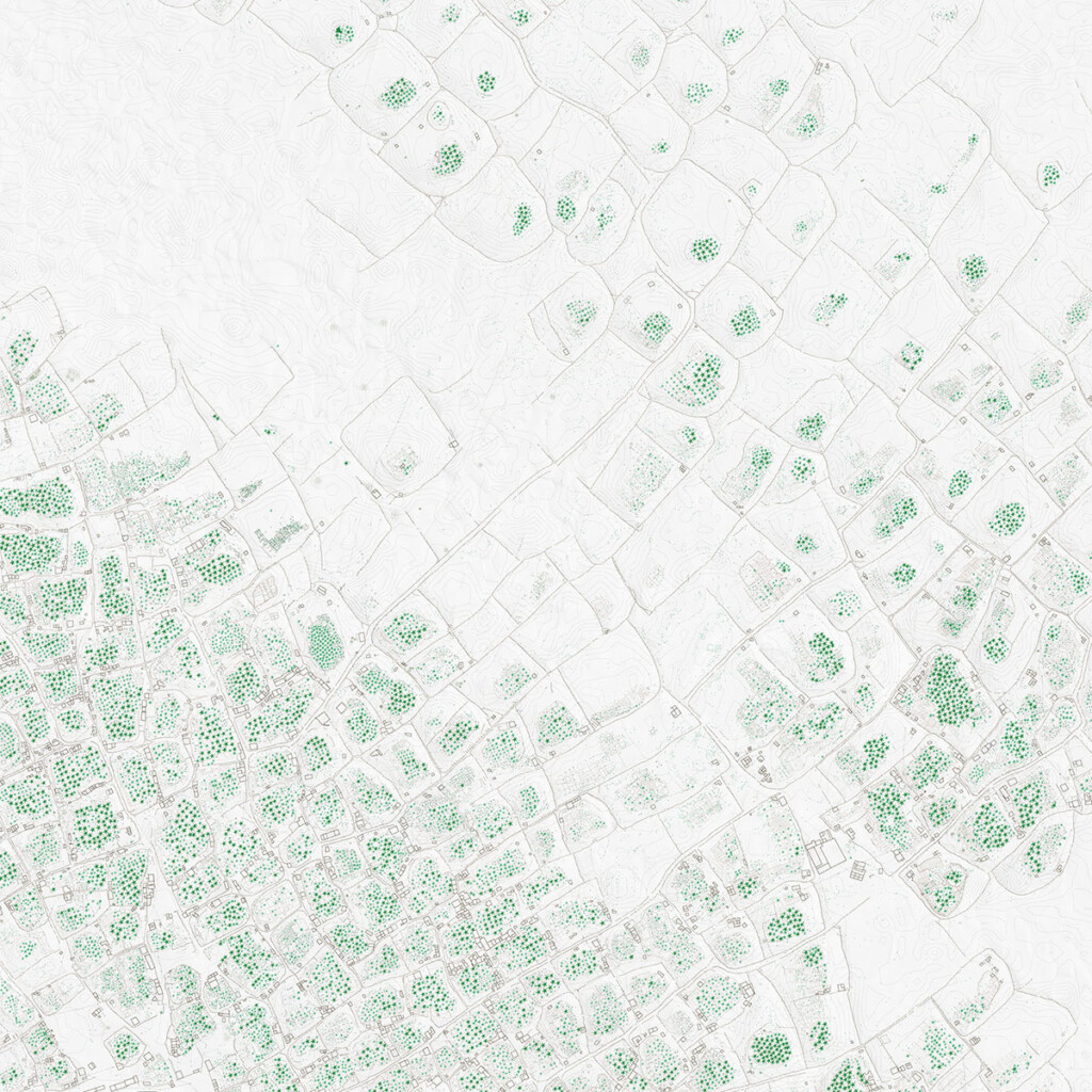 Topographical map of a landscape with areas of greenery and building developments.