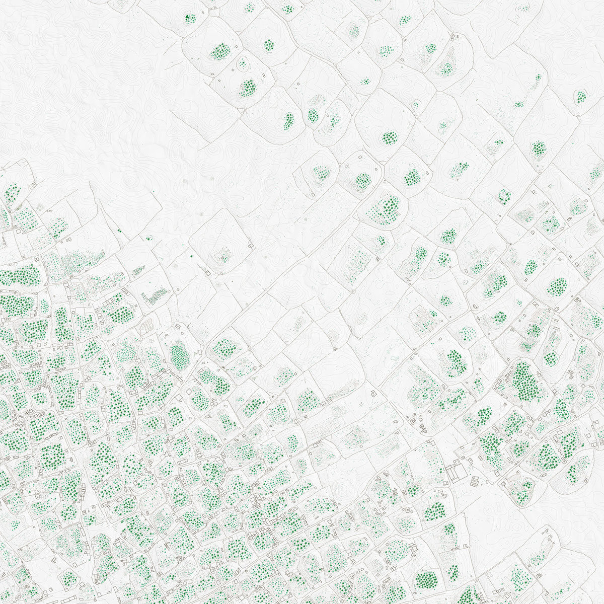 Topographical map of a landscape with areas of greenery and building developments.