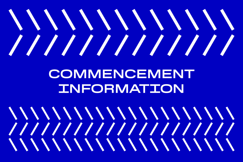 A blue tile with a line pattern on it. Text reads: commencement information.