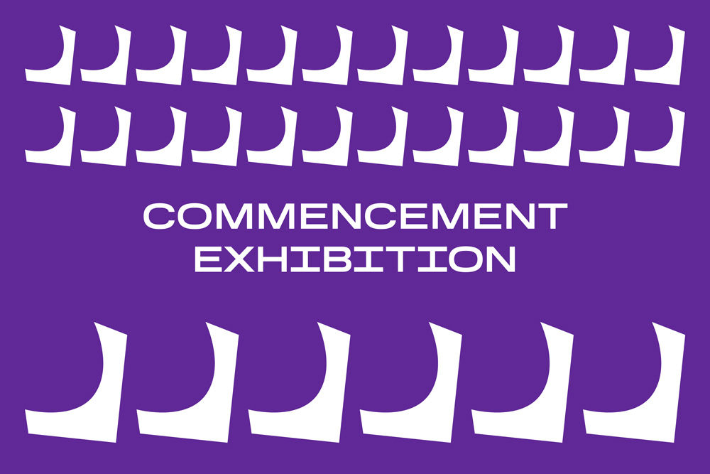 A purple graphic with repeating white shapes on it and text that reads Commencement Exhibition.