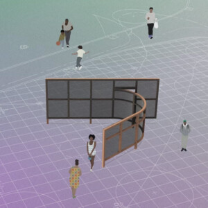 A digital rendering of a public artwork showing a structure of one curved wall intersecting with a straight wall. The structure appears over a mathematical grid. Black people of different ages perform daily activities around the structure.