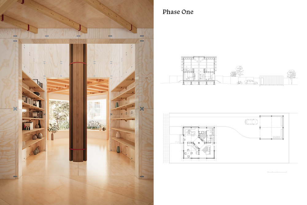 An interior rendering of a house with wood interior and wood and metal structural elements visible. Two diagrams show the elevation and plan of a house.