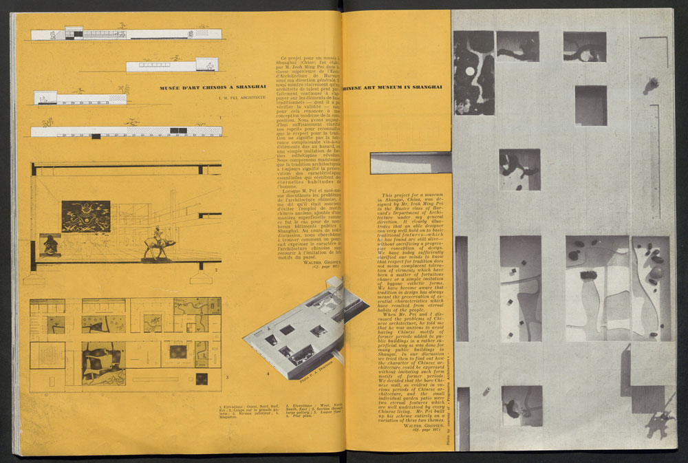 A spread from a magazine with text describing a Chinese Art Museum in Shanghai and images depicting architecture models, elevation drawings, and interior views.