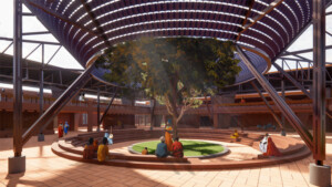 A digital rendering of a circular courtyard surrounded by two-storey structures. A tree is in the center of the courtyard and it rises into a rooflike shade structure resembling an inverted cone. People sit in the courtyard and some are wearing long gowns and robes.