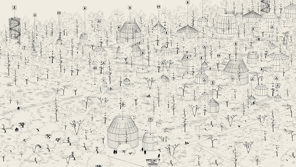 A black-and-white line drawing of a landscape that includes trees and various open structures resembling huts in which trees are growing.