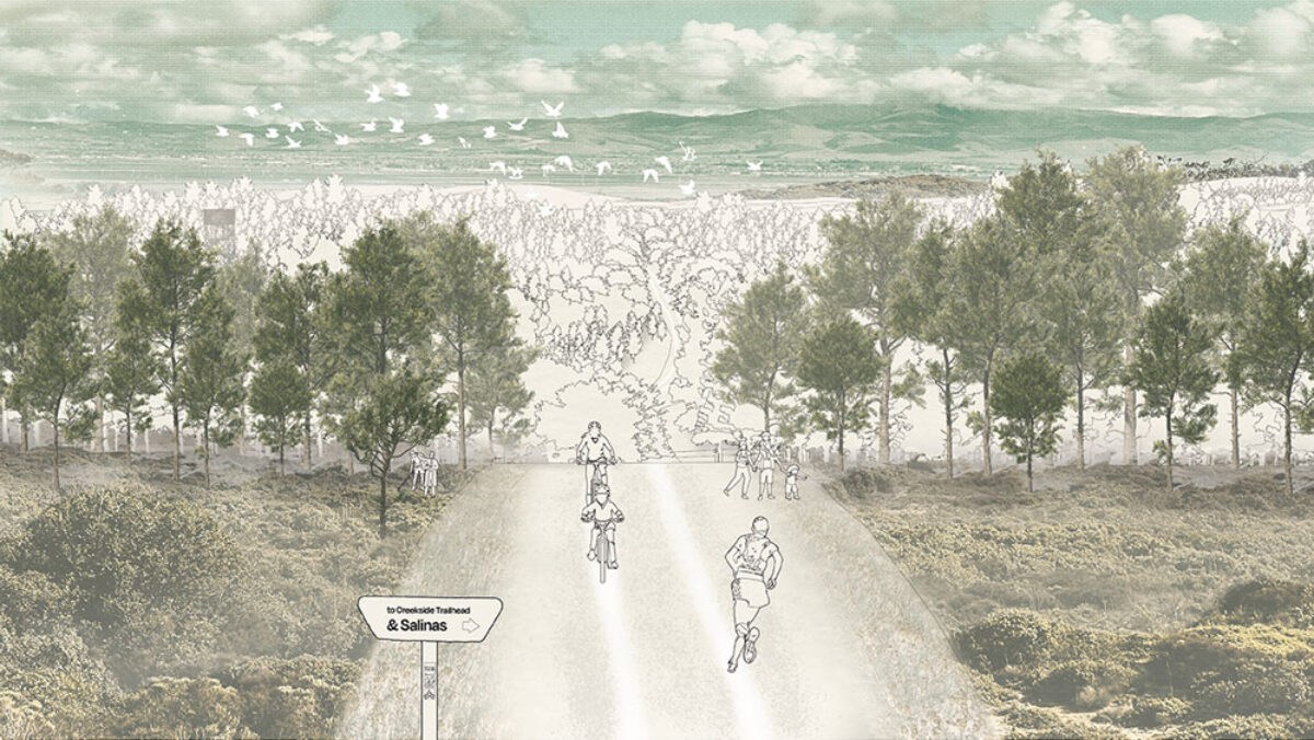 An image that includes renderings of trees and verdant landscapes with line drawings of people running, walking, and riding bikes on a road.
