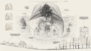 A diagram showing elevations and cut-away views of a structure with an open roof designed to enclose trees.
