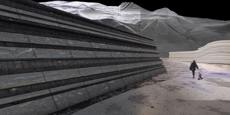 A digital rendering of an arctic landscape with an angular wall in the foreground. An adult and a child walk in the scene.