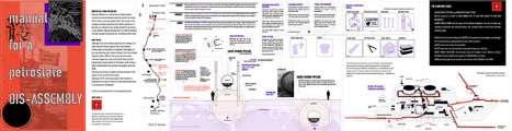An image of the cover and interior pages of a publication called Manual for a Petrostate Dis-Assembly. The interior spreads include text and diagrams related to oil and gas drilling.